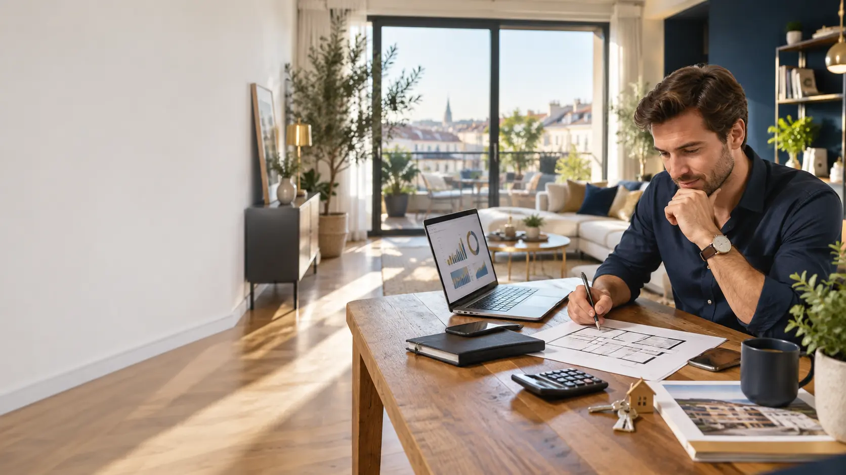 Investisseur analysant un appartement et son plan de financement