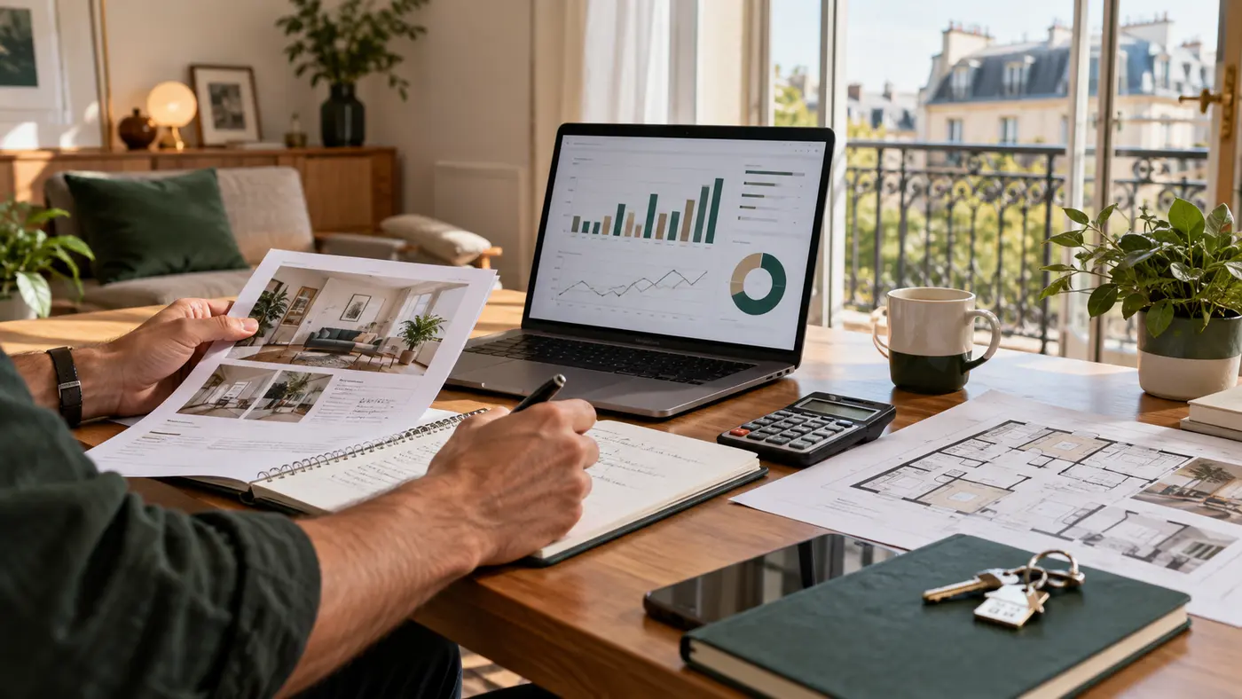 Étude pratique d’un investissement Airbnb avec ordinateur, calculatrice, plans et clés