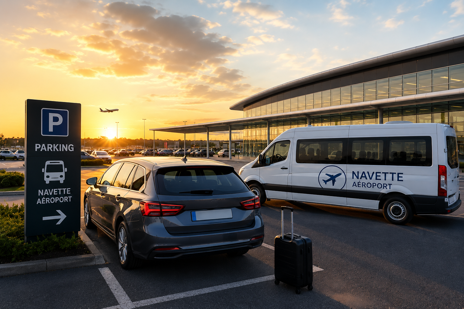 Voiture stationnée près de l’aéroport Lille-Lesquin avec service de navette