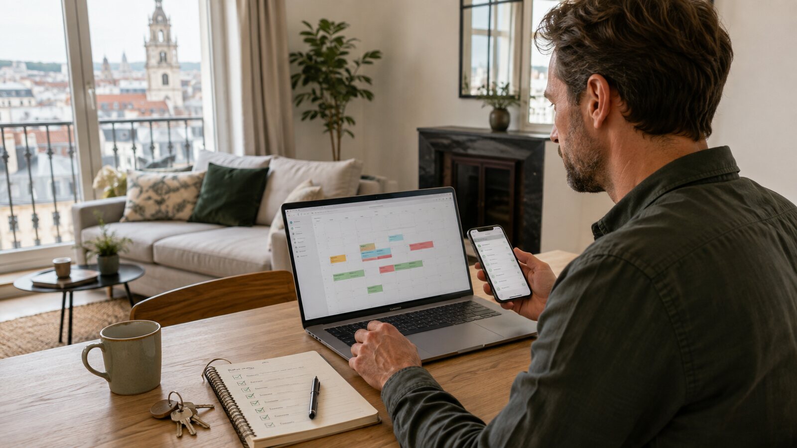 Propriétaire coordonnant à distance le calendrier et les interventions d’un logement Airbnb autour de Lille