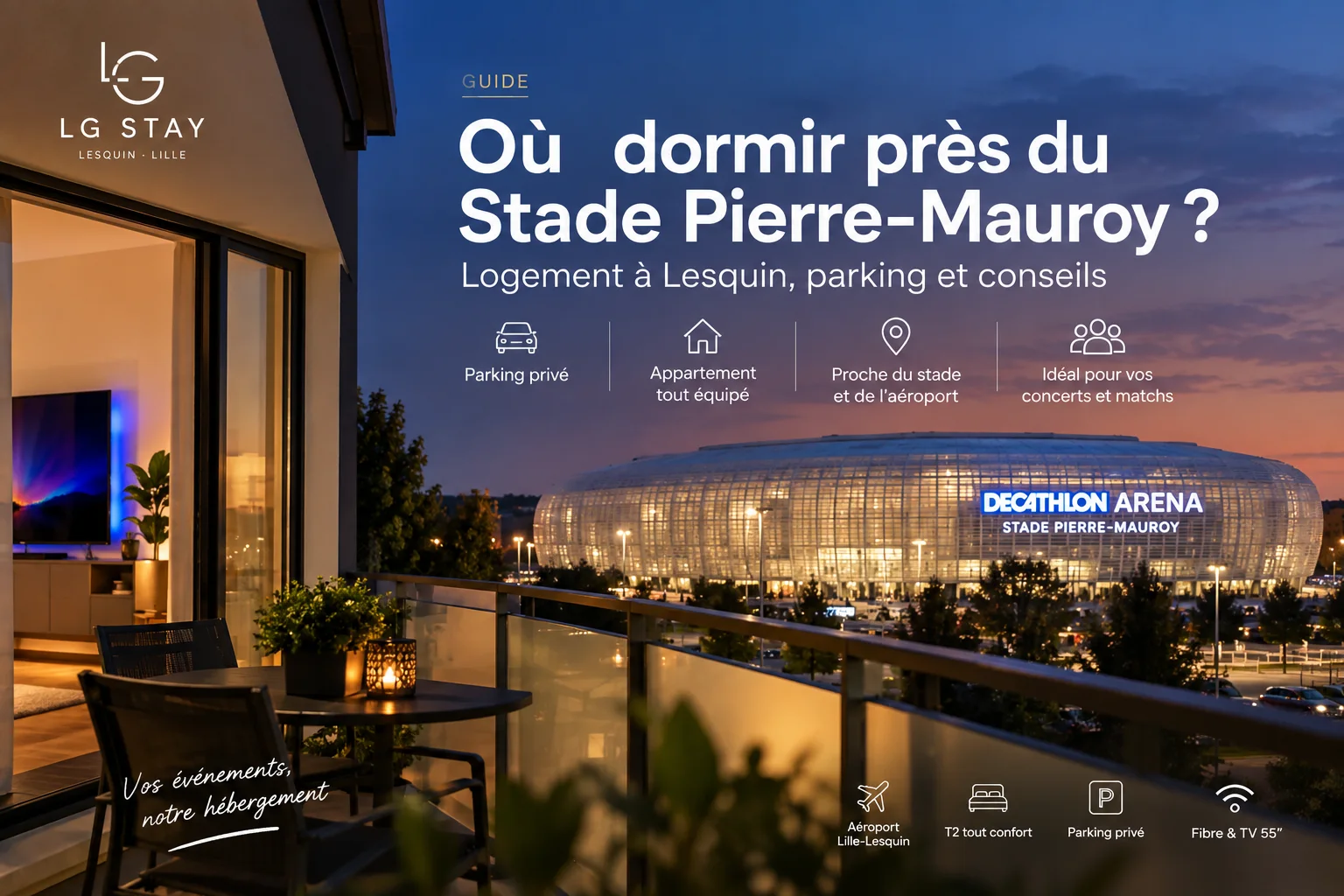 Vue de nuit d’un stade et d’un quartier résidentiel proche pour hébergement